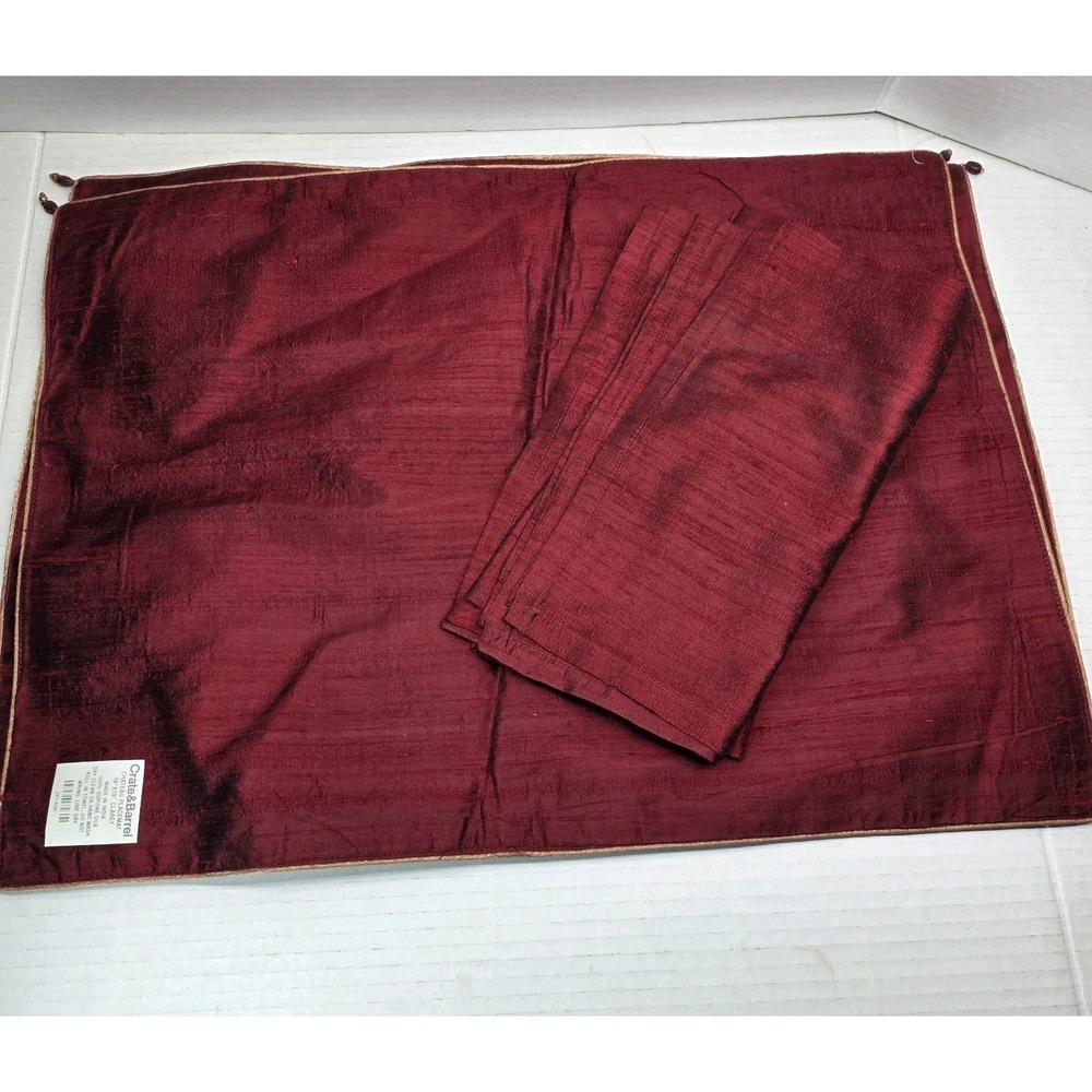 Crate‎ & Barrel Chateau Dupioni Silk Placemats & Napkins Set Claret Red Beaded